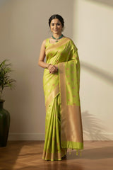 Yellow olive green banarasi saree