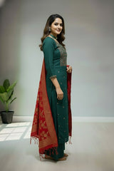 Tusser Green Round neckline with Slit kurti material