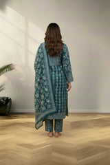 Green V neckline cotton kurti set