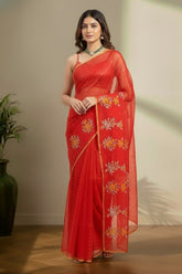 Red jamdhani saree with floral weaving work
