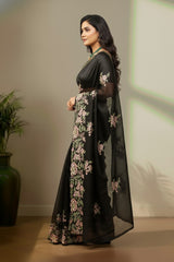 Black organza saree with floral embroidery work