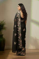 Black organza saree with floral embroidery work