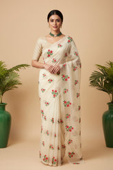 White organza saree with floral embroidery work