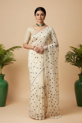 White organza saree with Polka dots