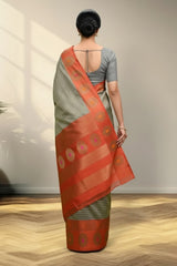 Grey and orange Banarasi Saree