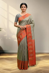 Grey and orange Banarasi Saree