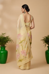 Yellow organza saree with floral print