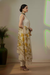 Off white Yellow cotton with floral print kurti material