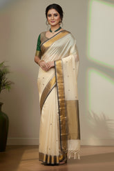 White tusser saree with golden with silver border