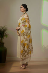 Off white Yellow cotton with floral print kurti material
