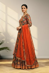 Boat neck anarkali with knitted duppata