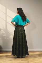 Green lehenga with half sleeve and with ruffles duppata