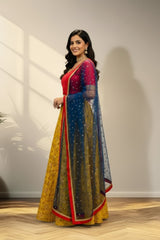 Red & yellow lehenga with knitted duppata