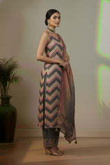 Organza oinion pink with strips pattern kurti material
