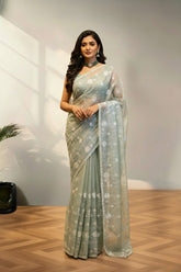 Pastel blue organza saree