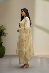 White cotton with strips thread work with yellow duppata kurti material