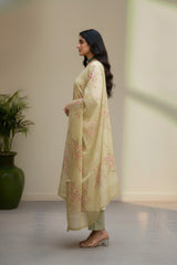 White cotton with strips thread work with yellow duppata kurti material