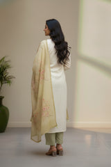 White cotton with strips thread work with yellow duppata kurti material