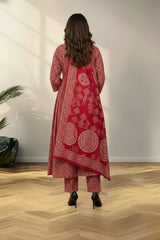 red batik print kurti set