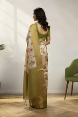 Golden & cream digital print kanchi saree