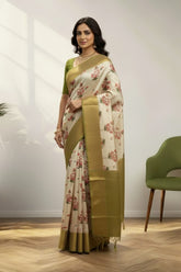 Golden & cream digital print kanchi saree