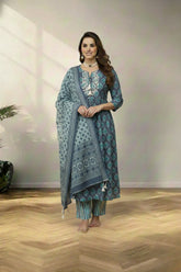 Round neckline gray cotton kurti set