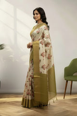 Golden & cream digital print kanchi saree