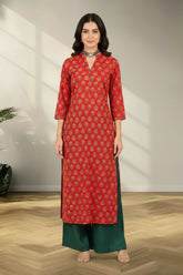 Slit neck red cotton kurti set