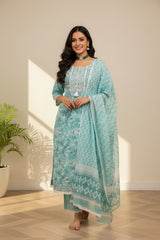 Squre neckline cotton ice blue kurti set