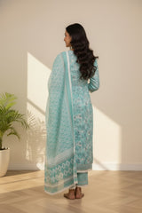 Squre neckline cotton ice blue kurti set