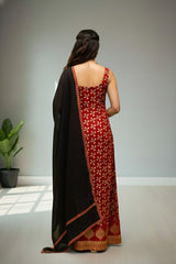 Red Modal silk with ajrak print kurti material