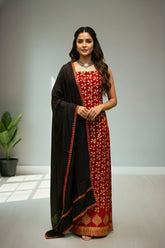 Red Modal silk with ajrak print kurti material