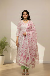 white cotton kurti set in lavender floral print