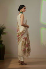 Off white Pink cotton with floral print kurti material