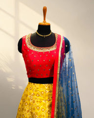 Red & yellow lehenga with knitted duppata