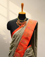 Grey and orange Banarasi Saree