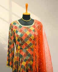 Boat neck anarkali with knitted duppata