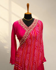 Pink anarkali with bandhini print