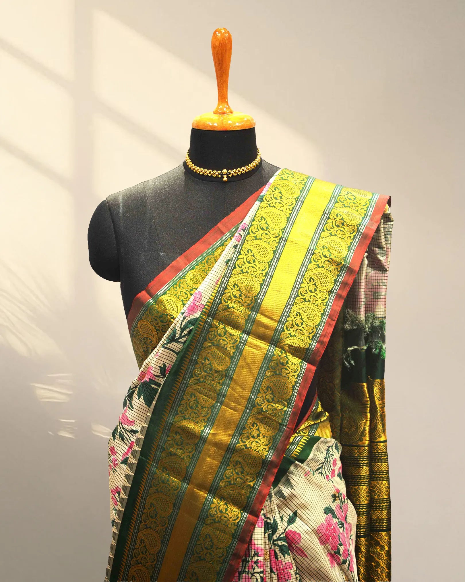 Golden & cream digital print kanchi saree