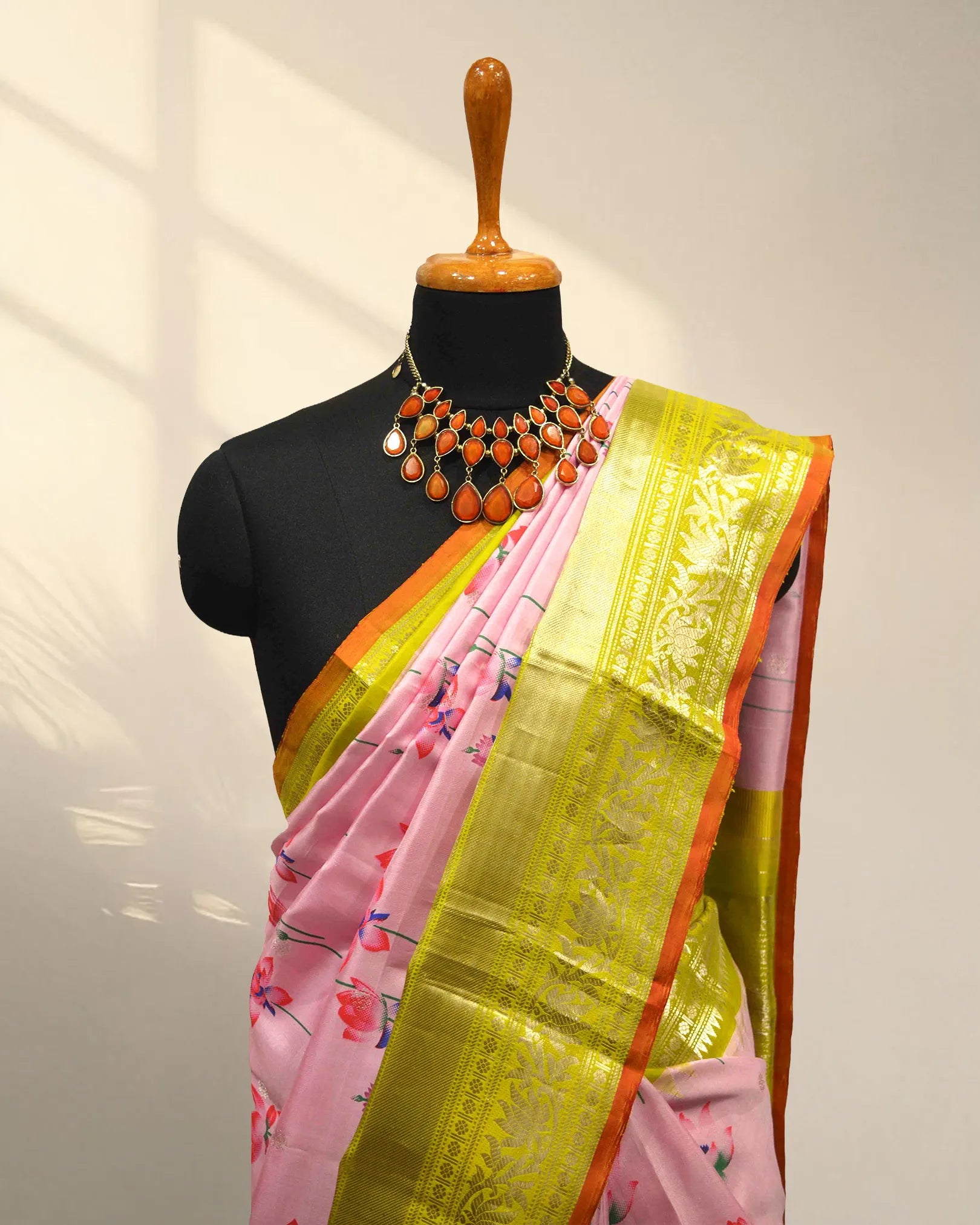 Pink & yellow digital kanchi saree