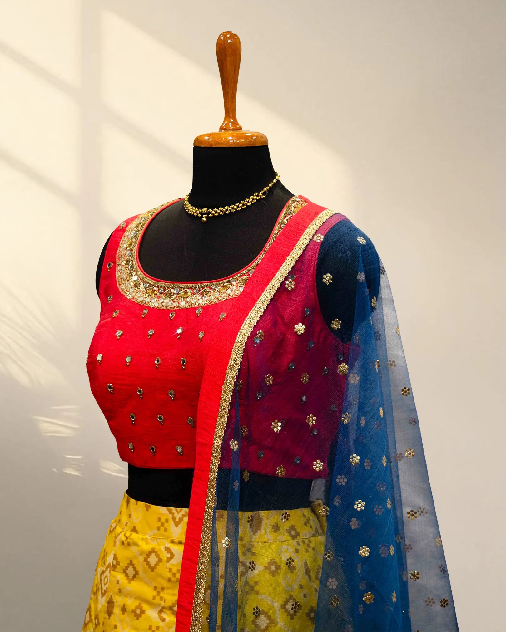 Red & yellow lehenga with knitted duppata