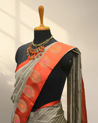 Grey and orange Banarasi Saree