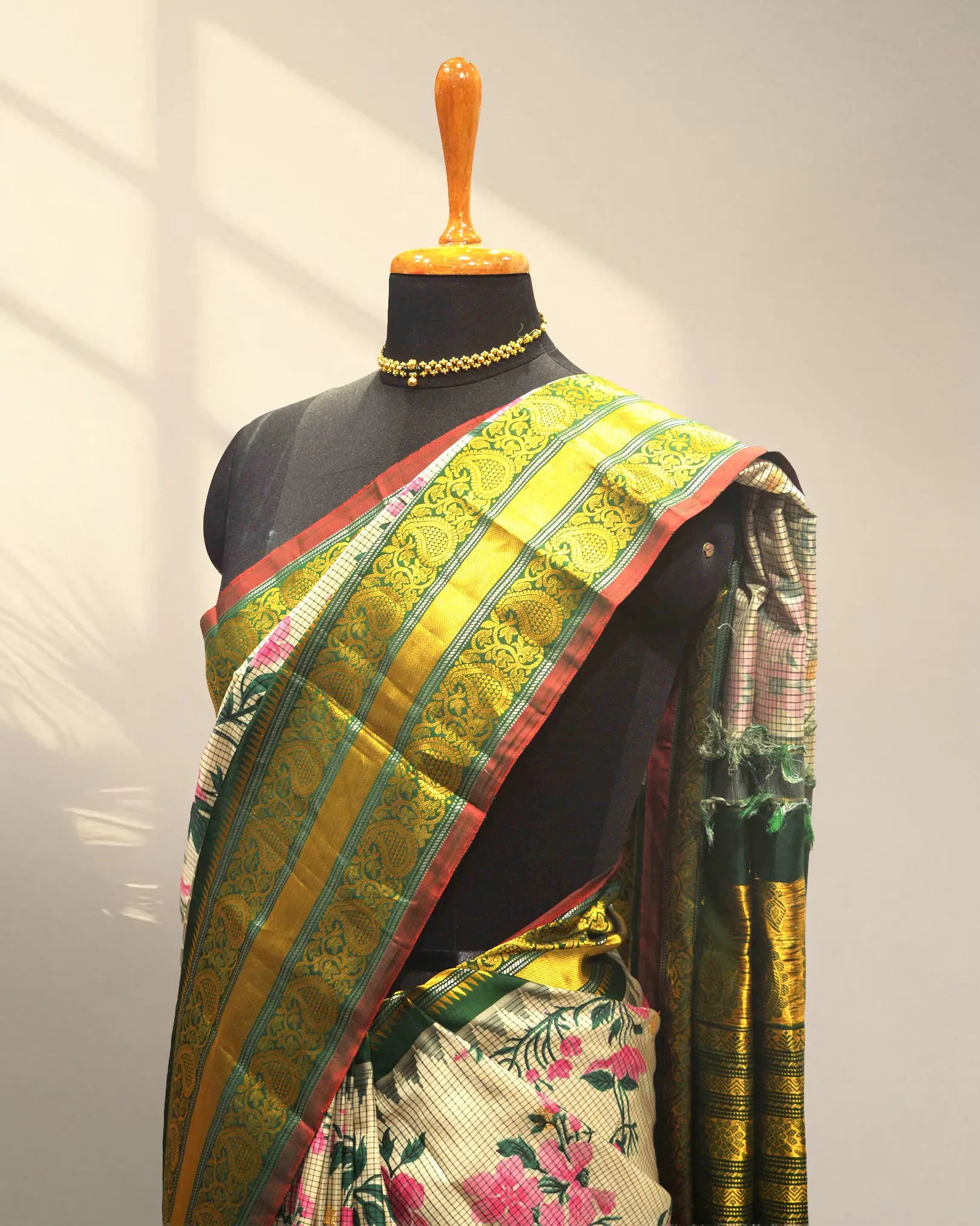 Golden & cream digital print kanchi saree