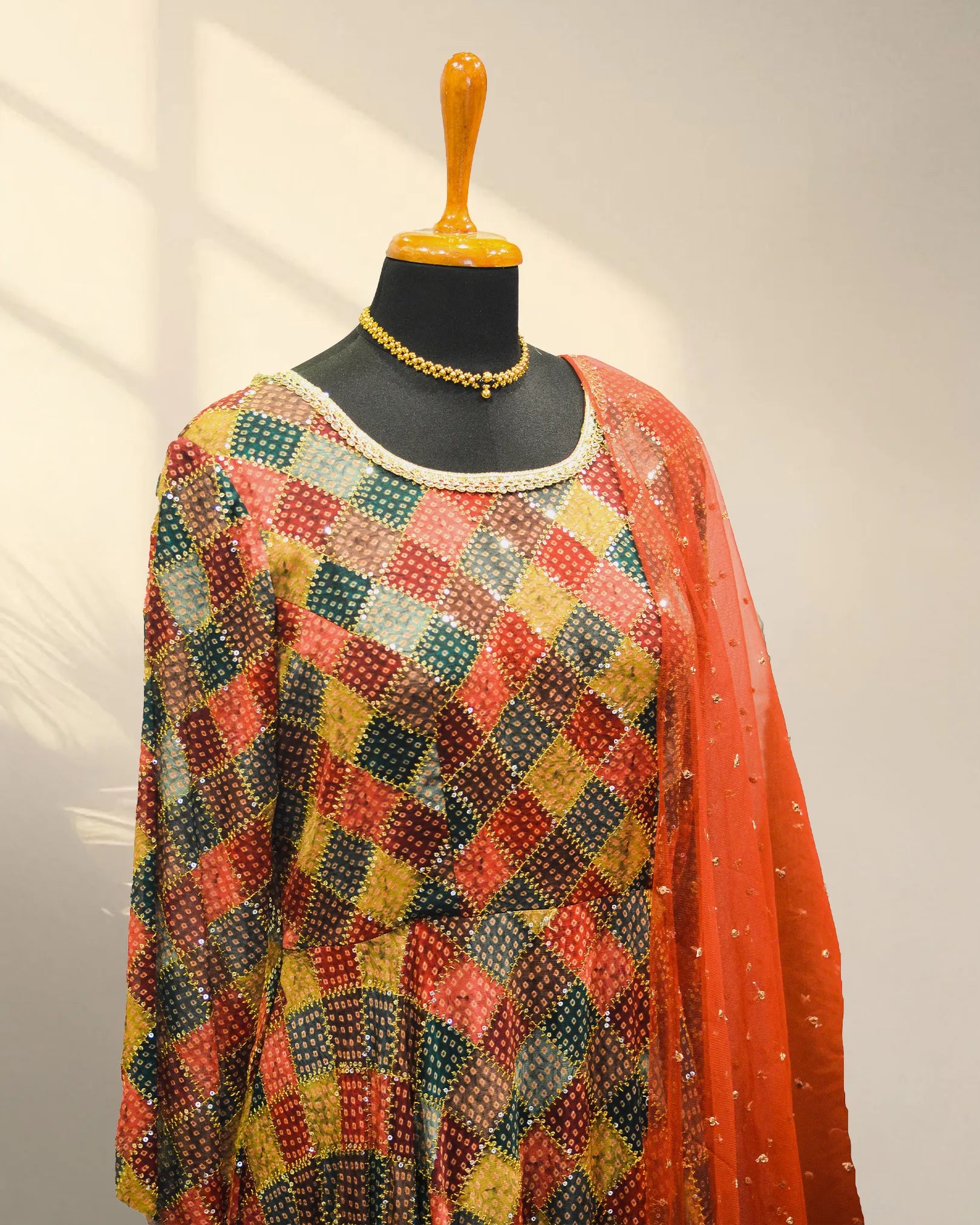 Boat neck anarkali with knitted duppata