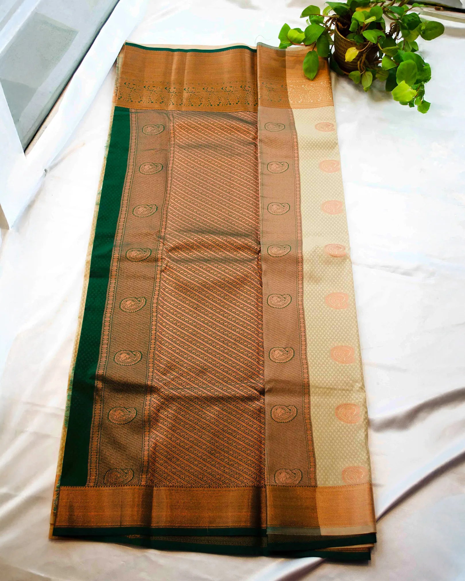 Cream sandel semi kanchi sikl saree