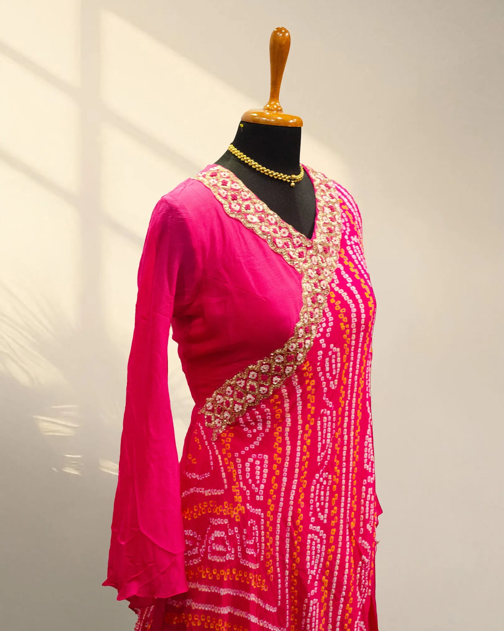 Pink anarkali with bandhini print