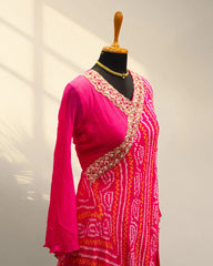 Pink anarkali with bandhini print