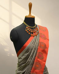 Grey and orange Banarasi Saree