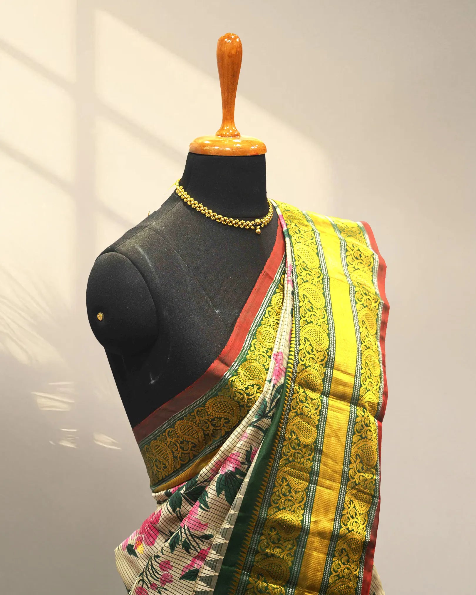Golden & cream digital print kanchi saree