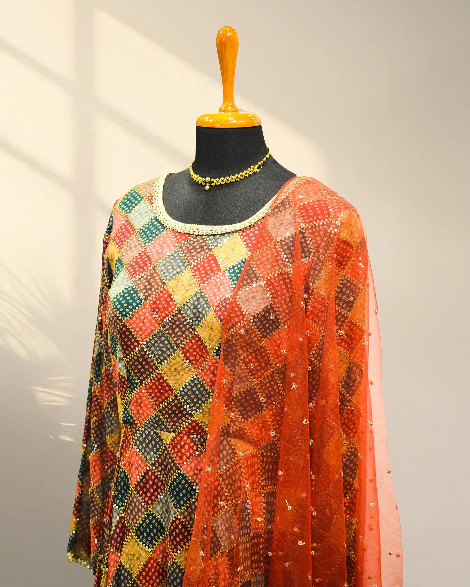 Boat neck anarkali with knitted duppata